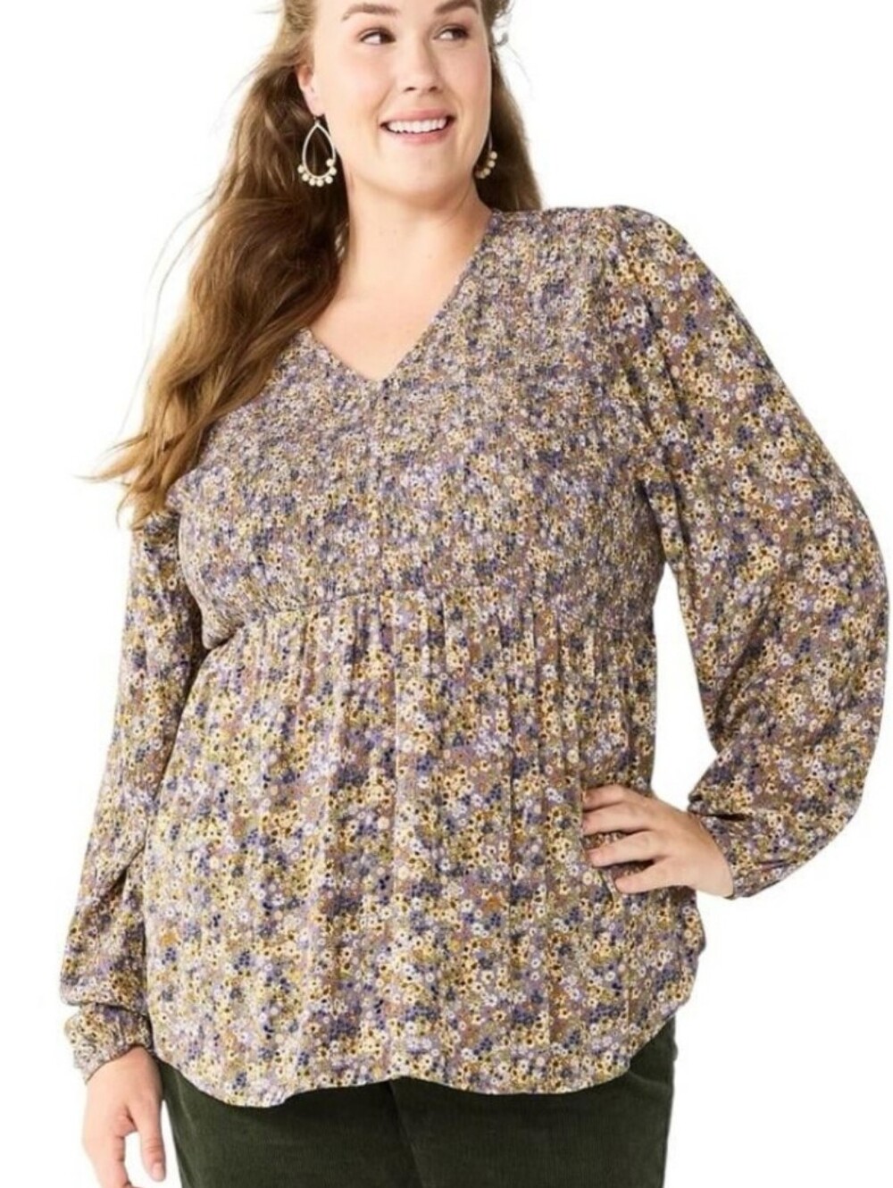 Sonoma Smocked Peasant Blouse Floral Flowy Bohemian Top Size PXL Petite Blouse